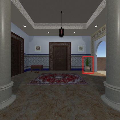 Back view: potted plant by doorway, boxed in red